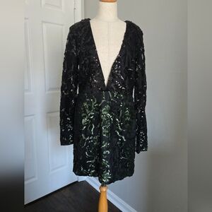NWT NBD Gavin Green Black Sequin Plunge Mini Dress Size L